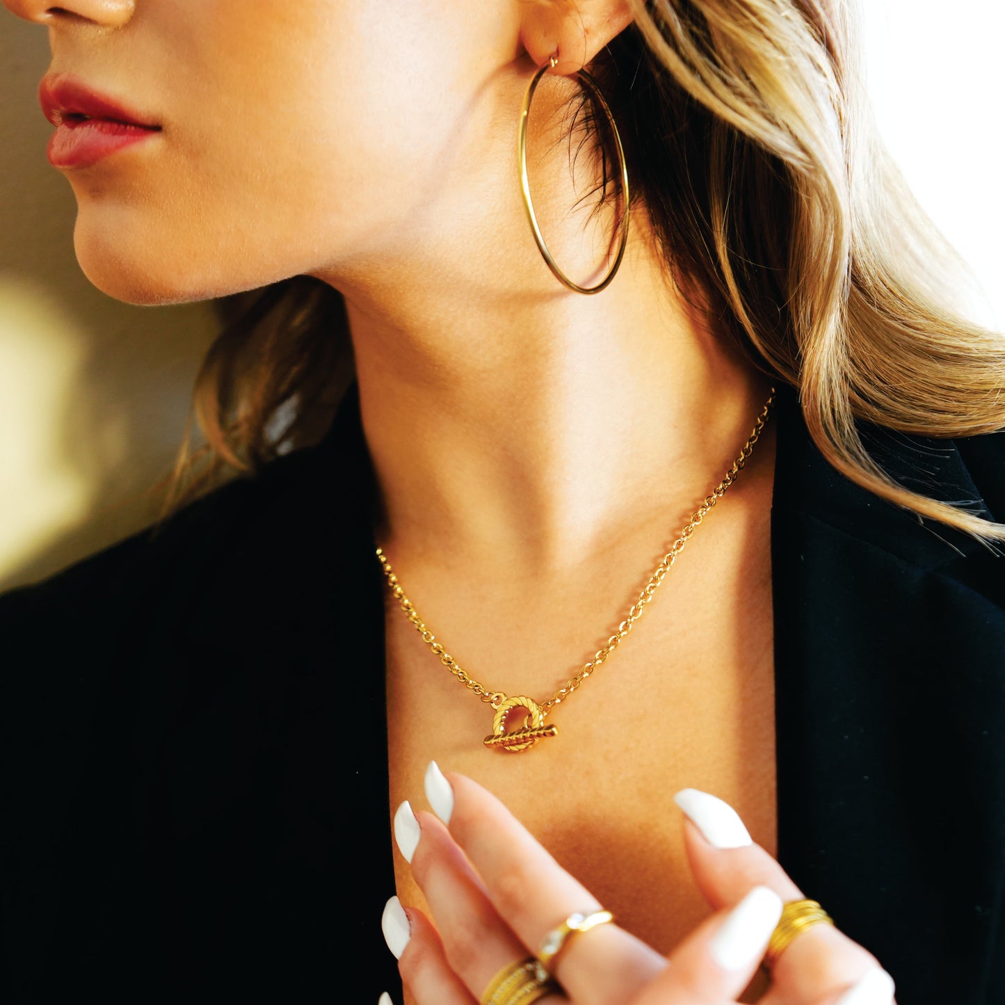 KETCHIGAN:  Classic Chain with Textured T-Bar & Ring Pendant Gold Necklace