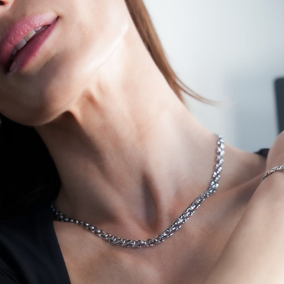 Style KOVVUR: Intricate Twin Chain Necklace in White Gold (Silver Toned)