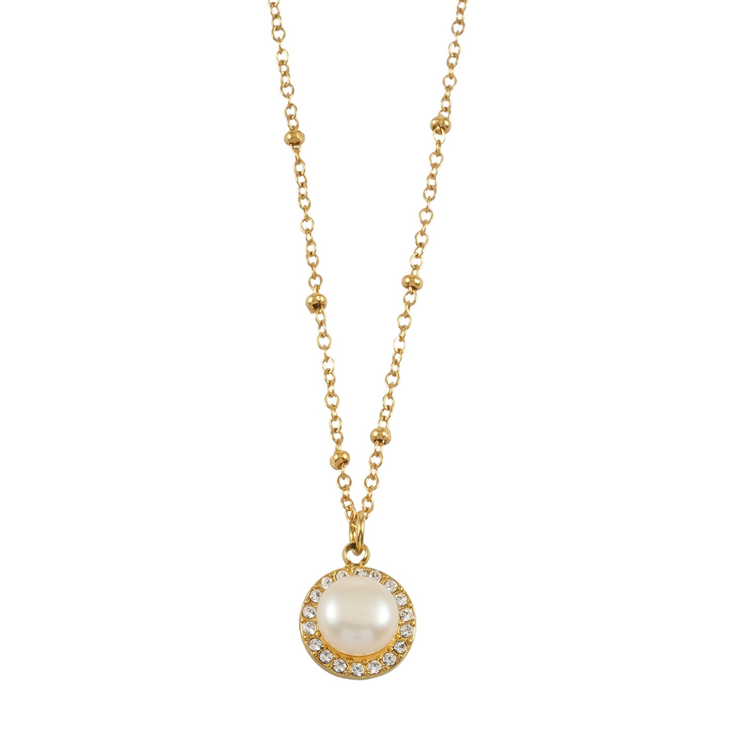 LATAHIA Gold: Beaded Chain necklace with Freshwater Pearl & Pavé Zirconia Border Pendant