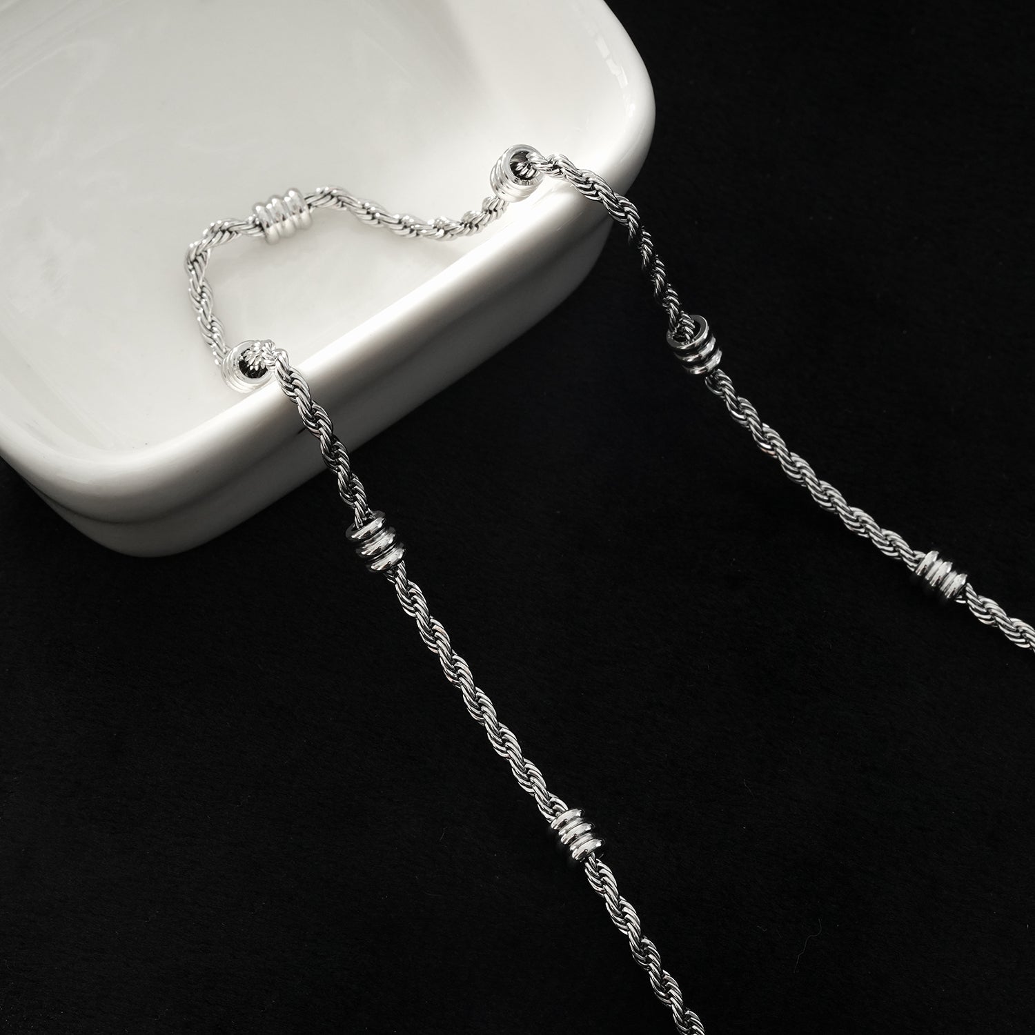 LEMOGES Silver Toned White Gold: Beaded Rope Chain Necklace