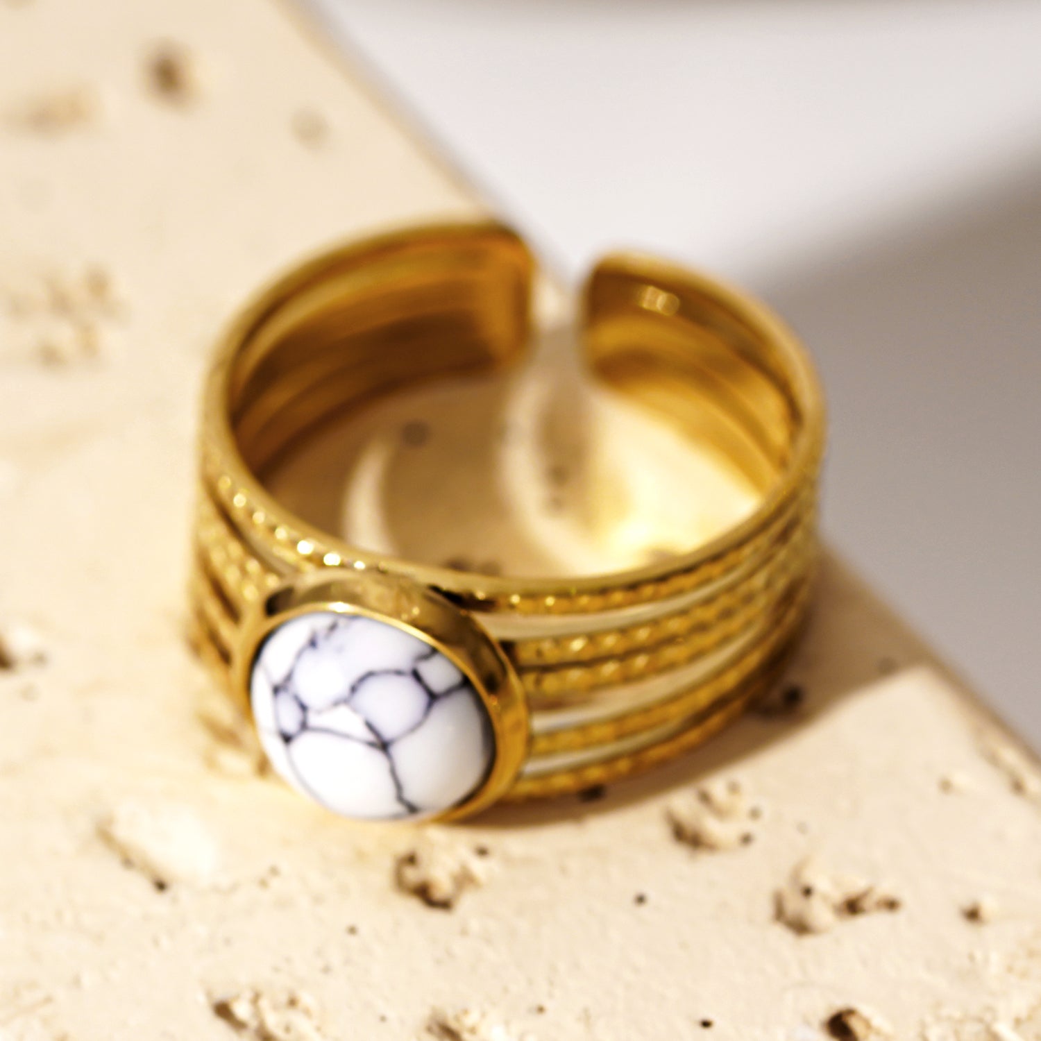 LIKHA: Multi Band Textured Ring with White Turquoise Stone Centre Piece