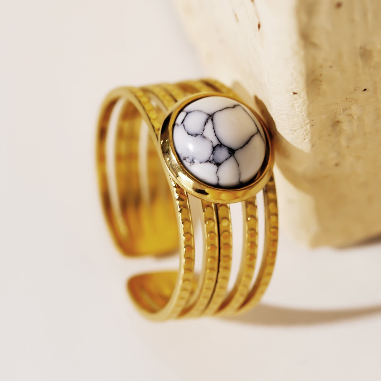 LIKHA: Multi Band Textured Ring with White Turquoise Stone Centre Piece