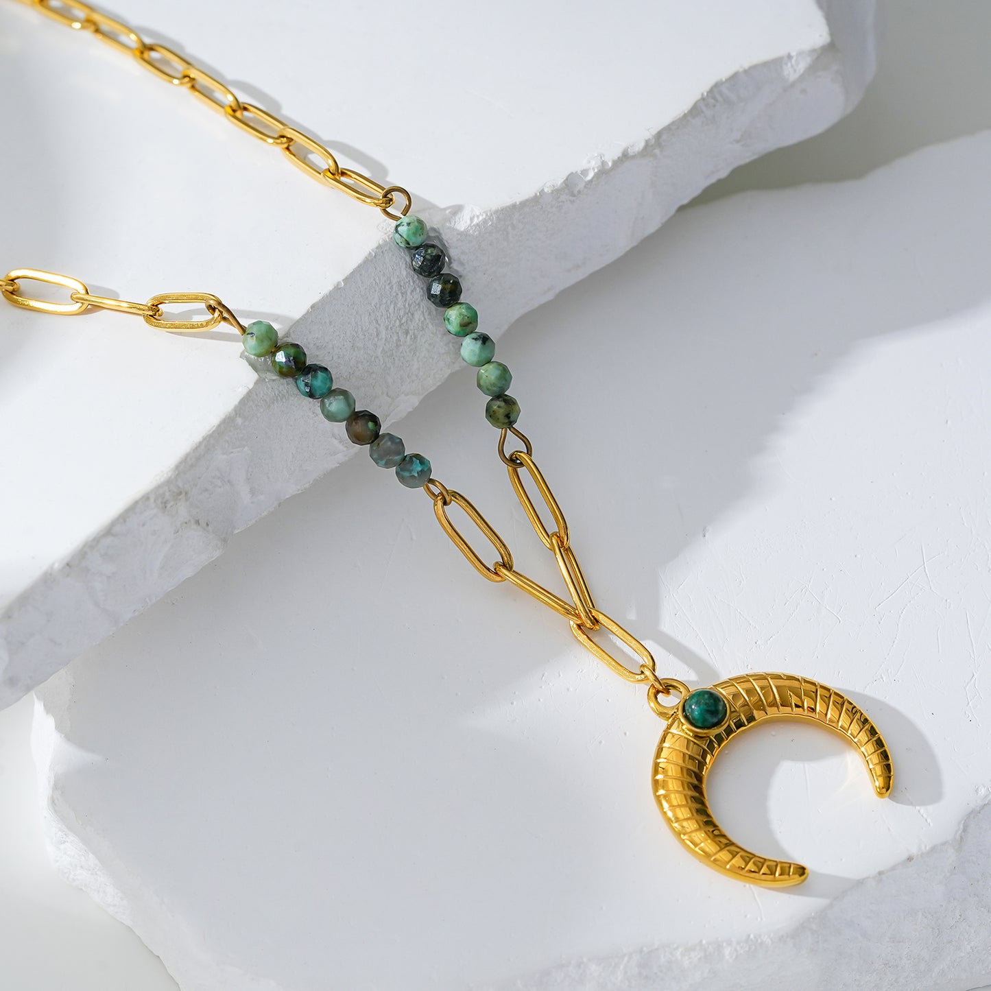 LILLE: Boho-Chic African Turquoise Natural Stone Crescent Moon Pendant Gold Necklace