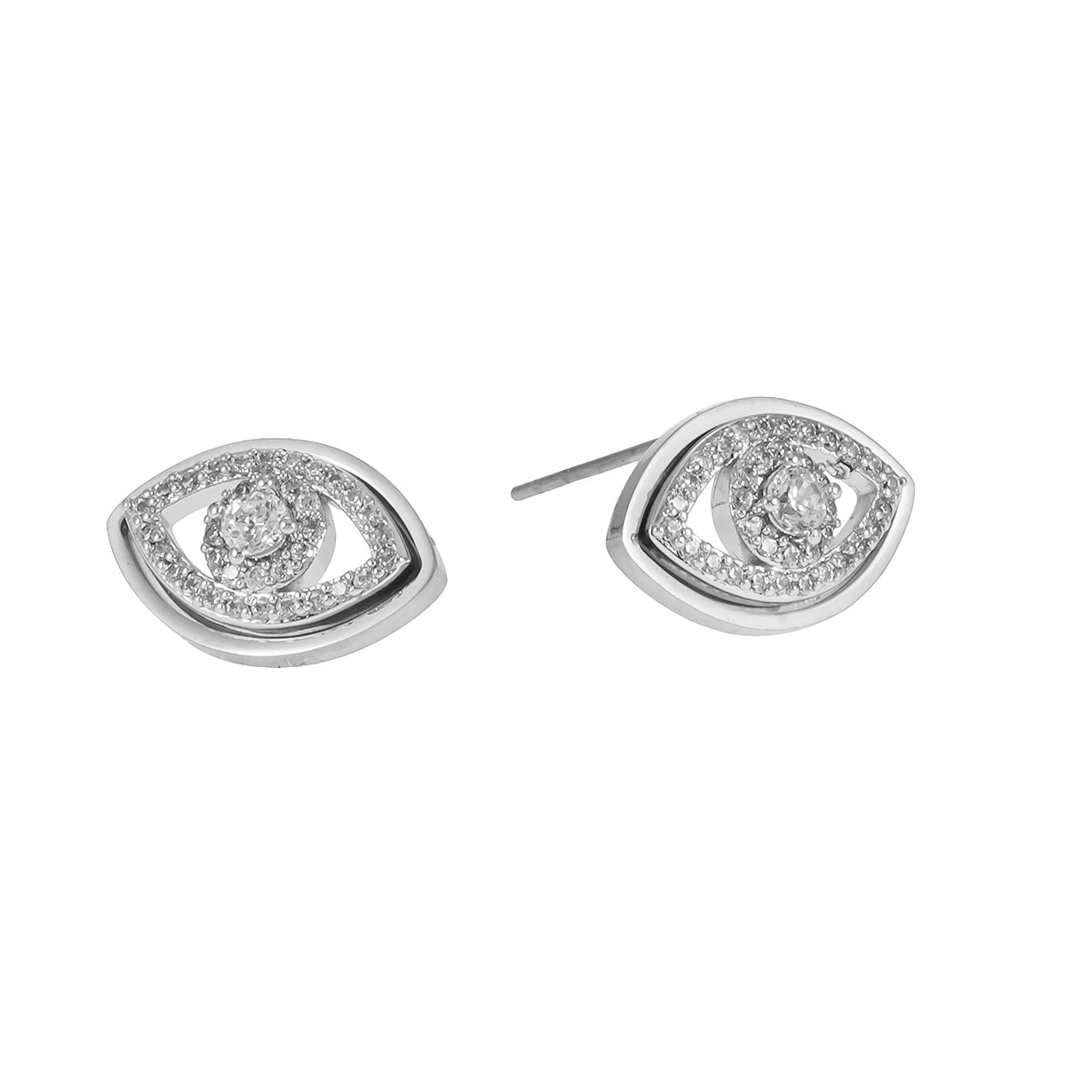 LUCKY EYE White Gold (Silver Toned): Zirconia (CZ) Embellished Evil Eye Stud Earrings