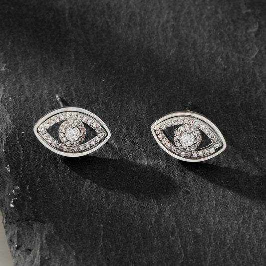 LUCKY EYE White Gold (Silver Toned): Zirconia (CZ) Embellished Evil Eye Stud Earrings