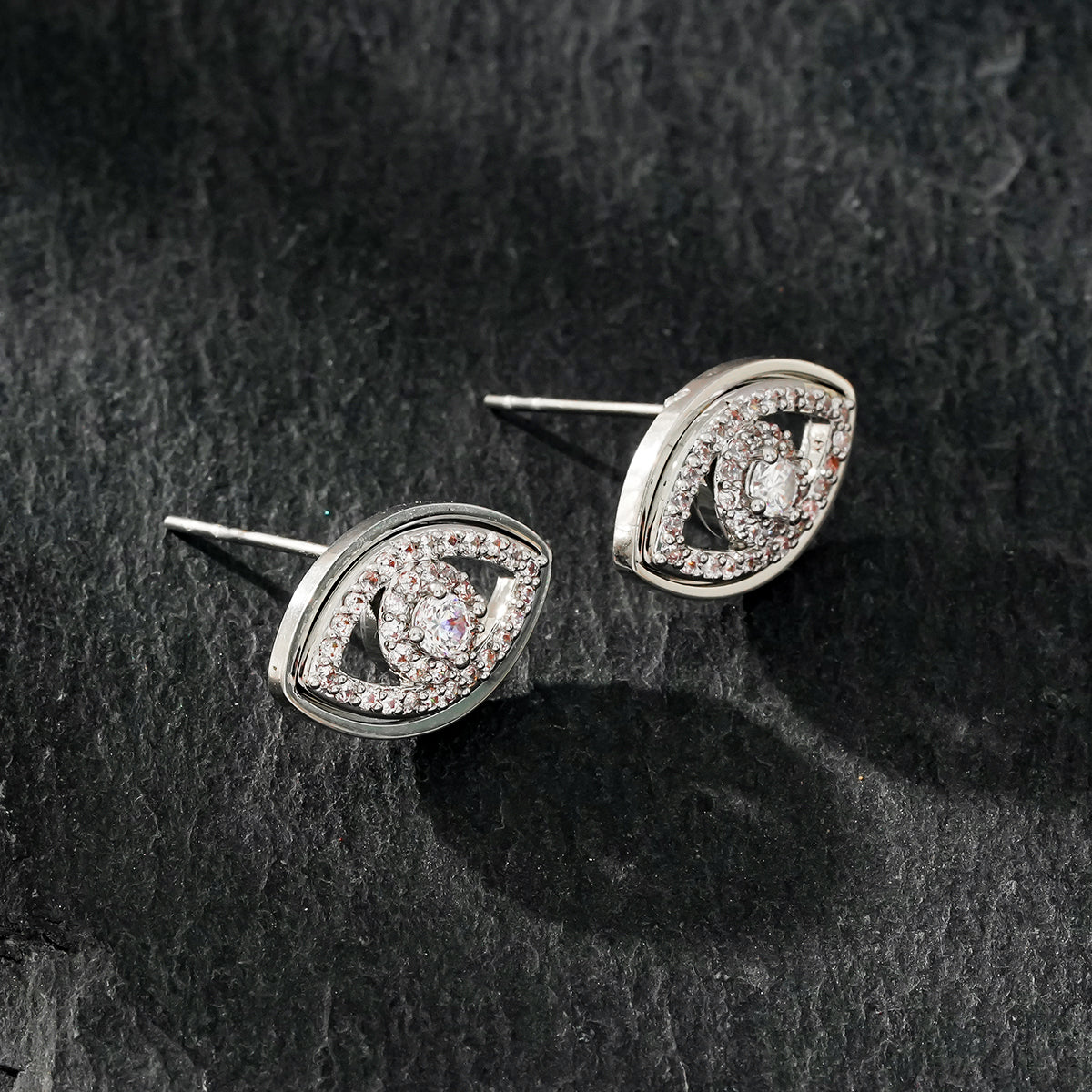 LUCKY EYE White Gold (Silver Toned): Zirconia (CZ) Embellished Evil Eye Stud Earrings