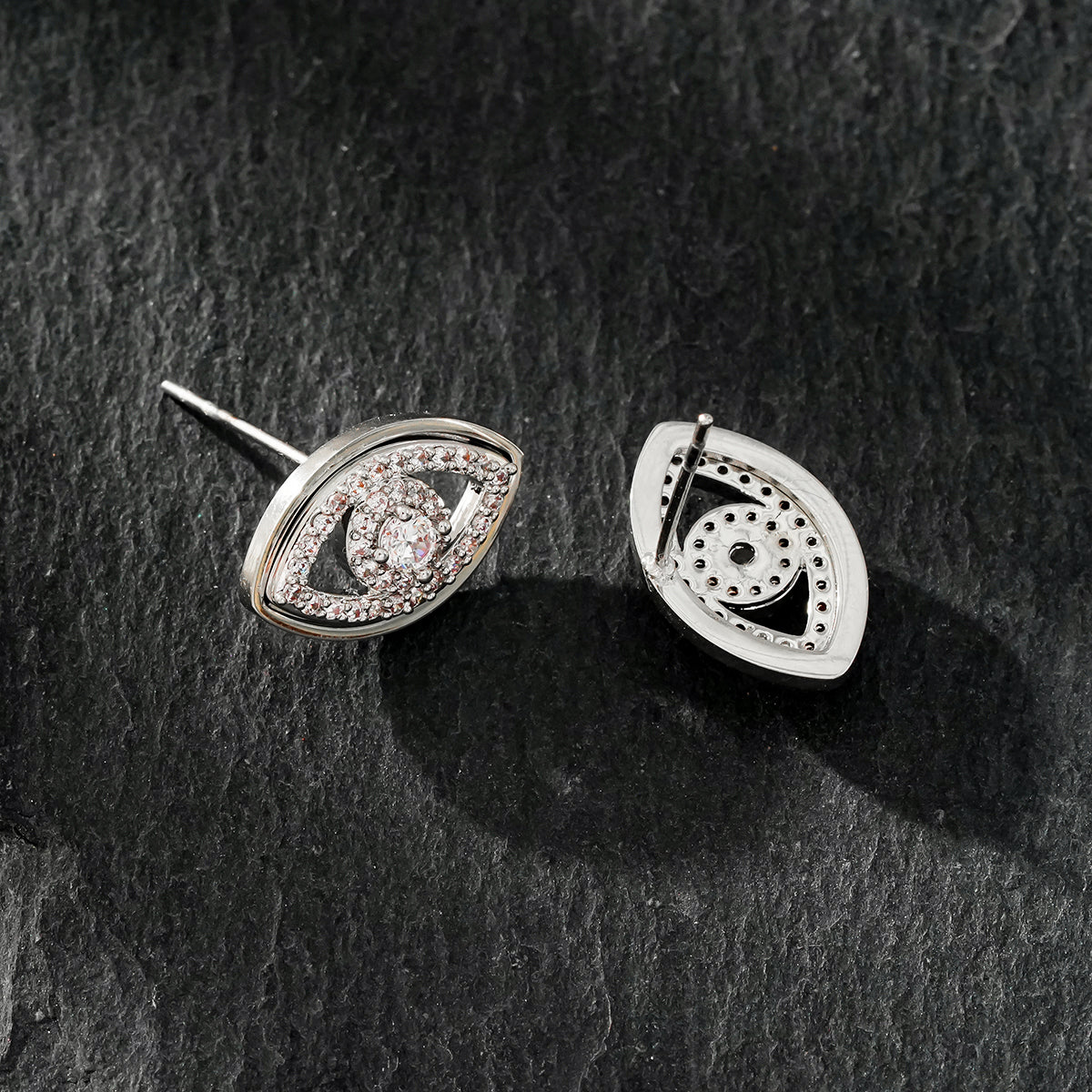 LUCKY EYE White Gold (Silver Toned): Zirconia (CZ) Embellished Evil Eye Stud Earrings