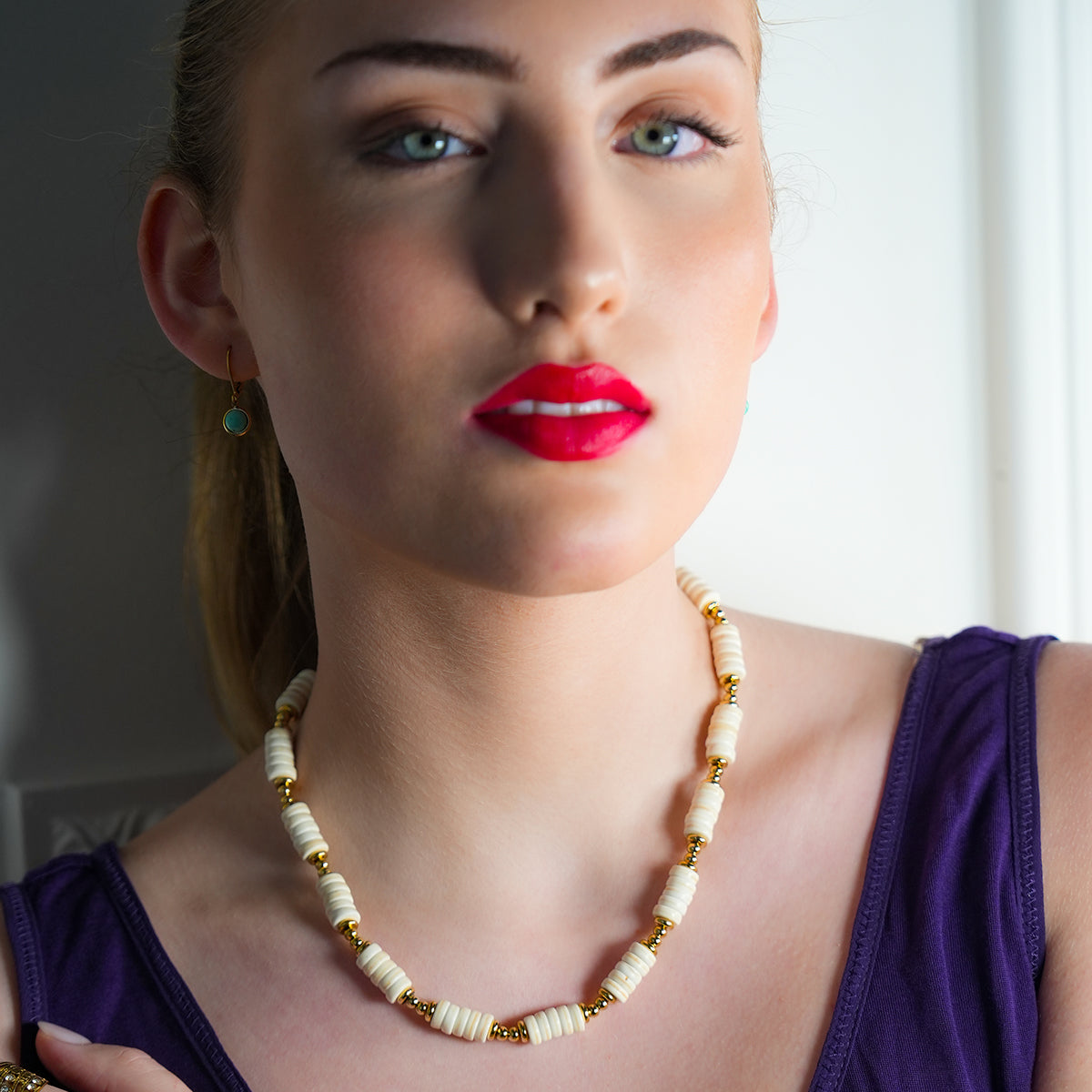 LULAMA: White Turquoise Stone & Gold Beaded Modern Boho Chain Necklace