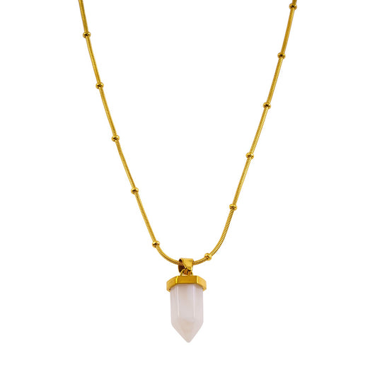MAKEDA: Amethyst Stone Pendant Anchored on a Beaded Snake Skin Textured Chain Necklace