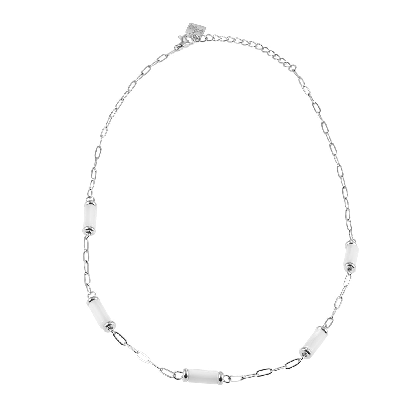 MALIBU: Mix Bead Chain Necklace featuring Natural Shell & White Gold (Silver Toned) Metal