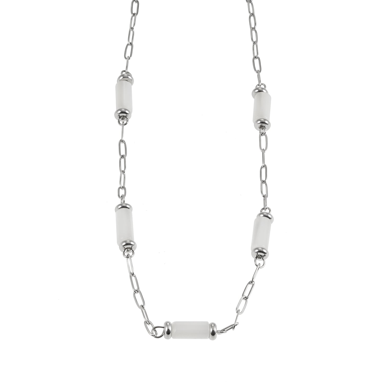 MALIBU: Mix Bead Chain Necklace featuring Natural Shell & White Gold (Silver Toned) Metal