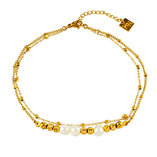 MARENTA LG: Gilded Harmony Chain Anklet with Gold Beads and Freshwater Pearls