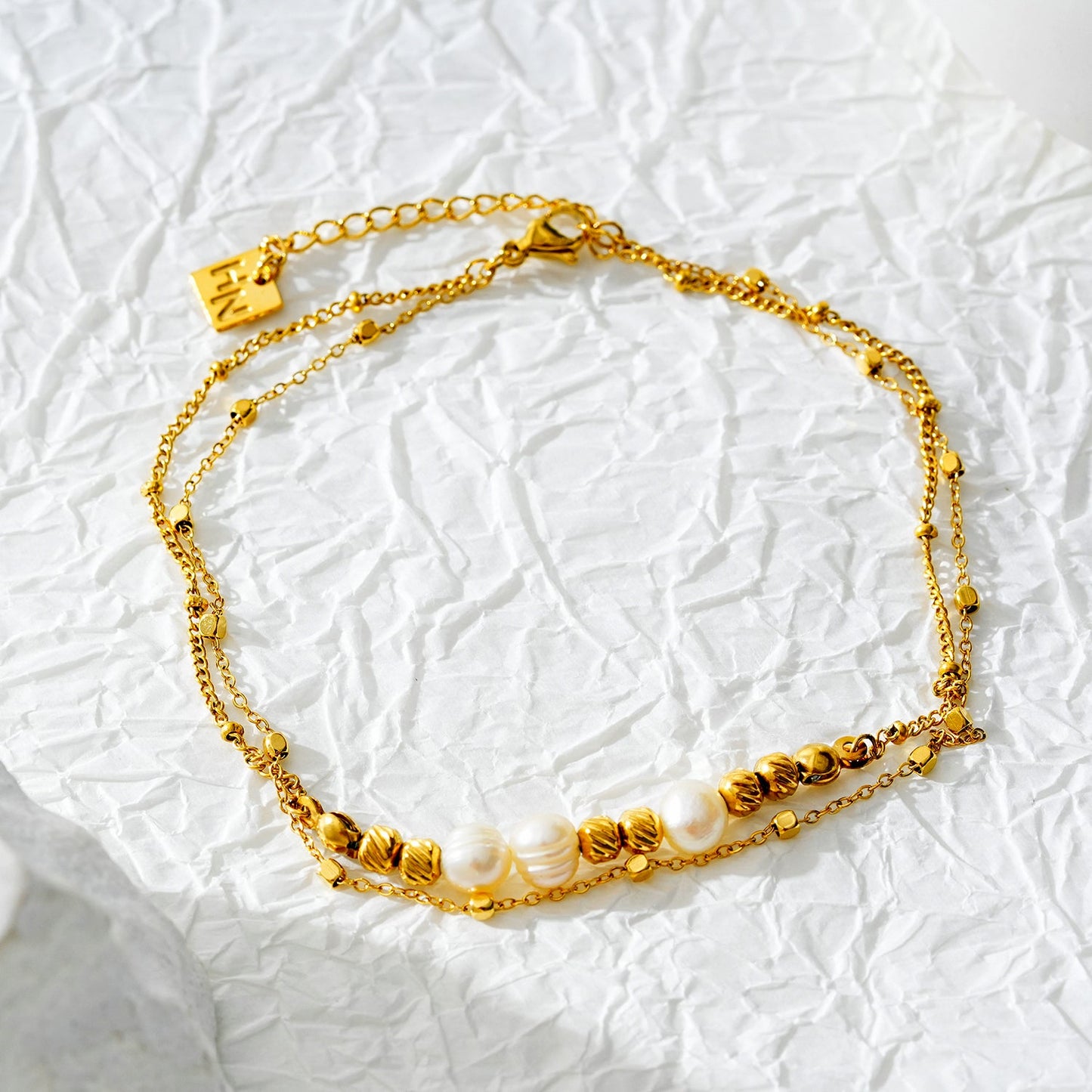 MARENTA LG: Gilded Harmony Chain Anklet with Gold Beads and Freshwater Pearls