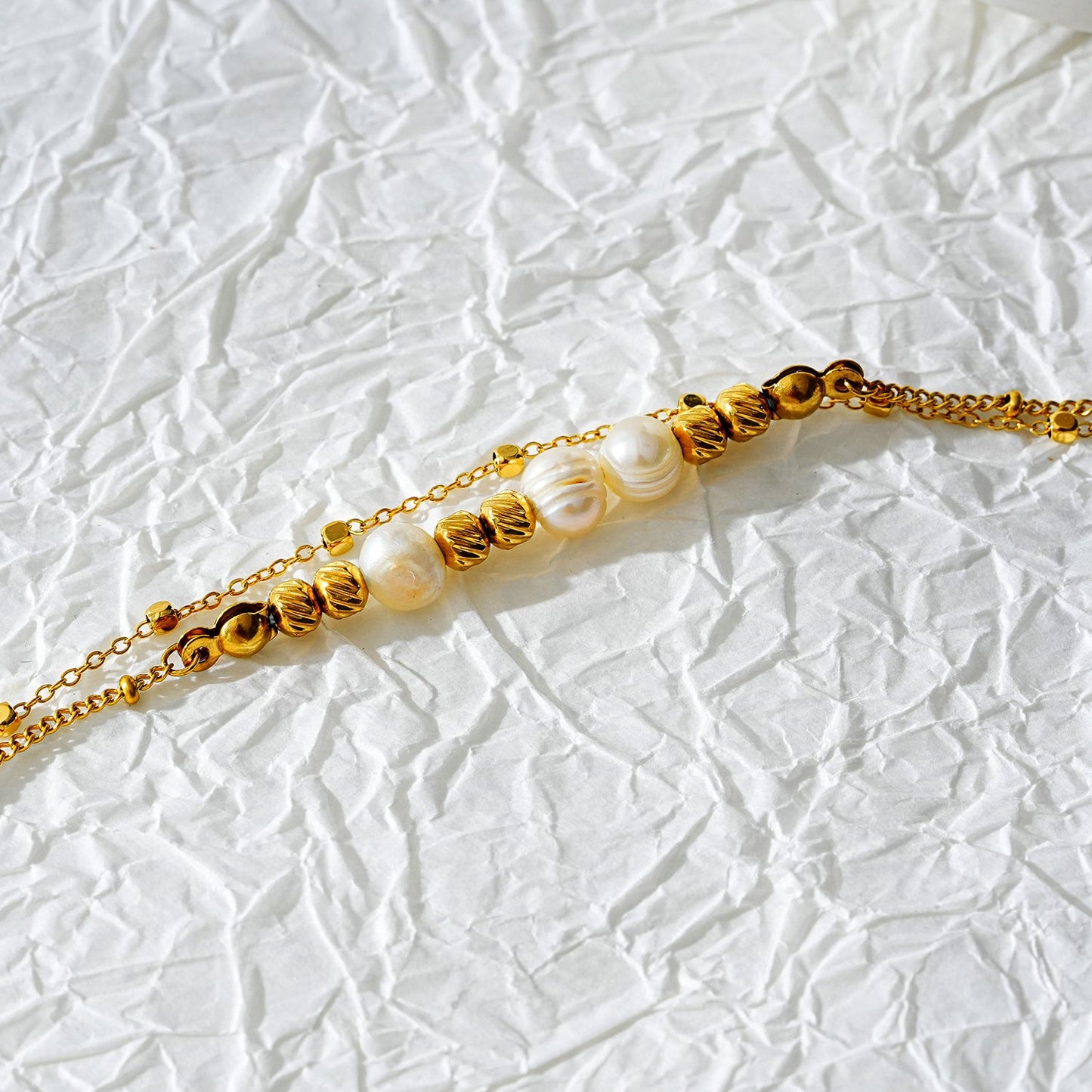 MARENTA LG: Gilded Harmony Chain Anklet with Gold Beads and Freshwater Pearls