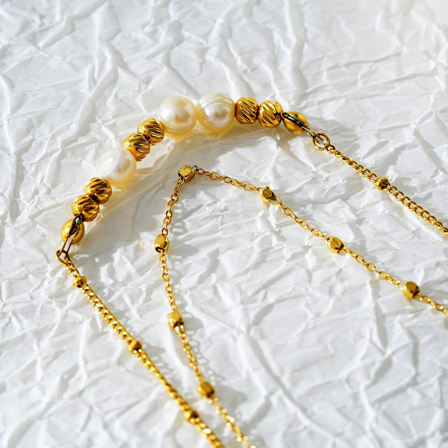 MARENTA LG: Gilded Harmony Chain Anklet with Gold Beads and Freshwater Pearls