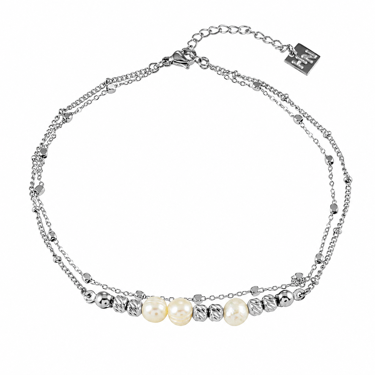 MARENTA Silver (White Gold): Gilded Harmony Chain Bracelet with Silver Beads and Freshwater Pearls