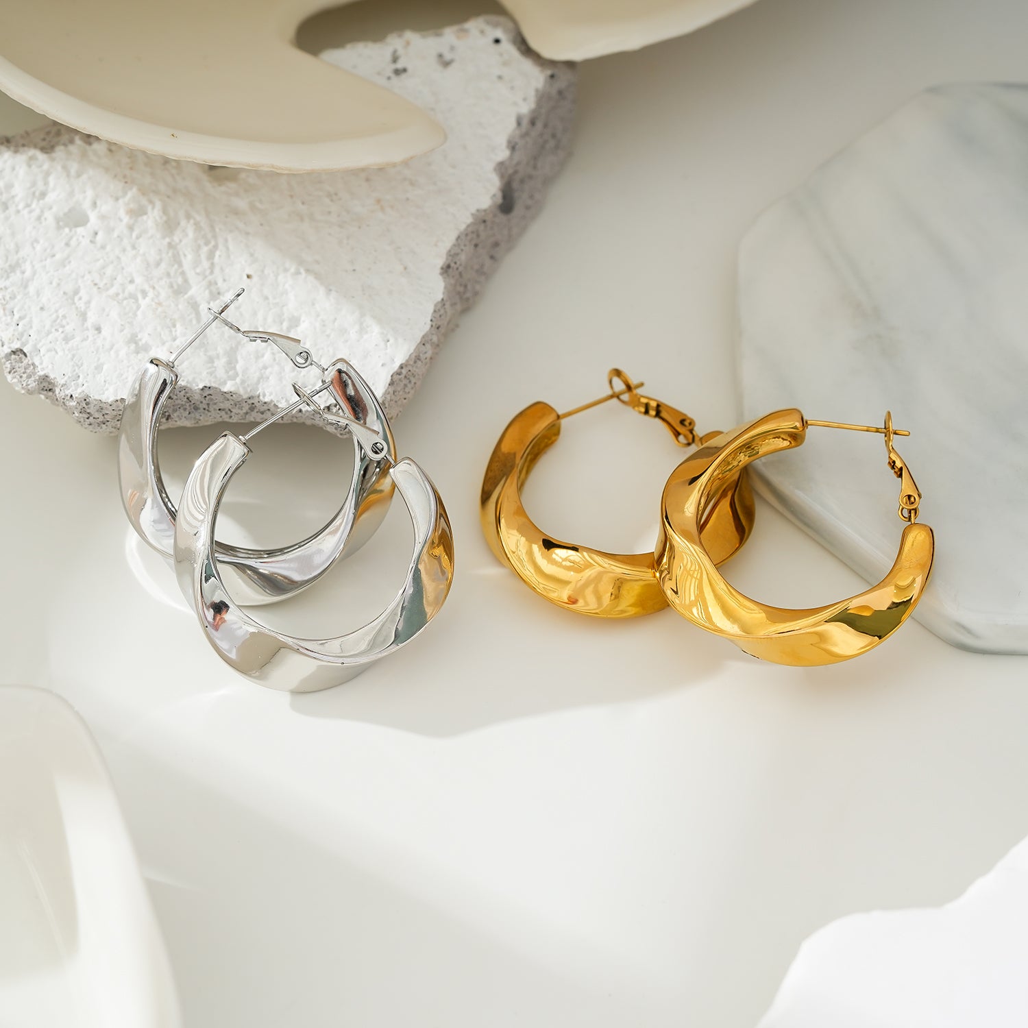 Style MARFA: Sculptured Abstract Hoop Earrings in Gold and Silver