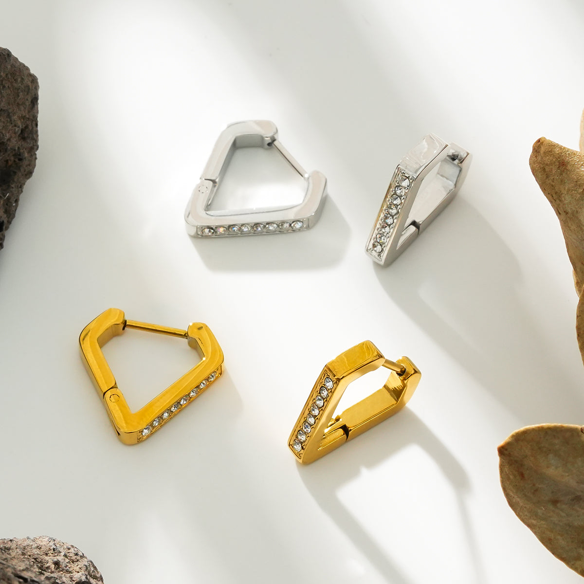 MARIETTA White Gold (Silver Toned): Triangle Shaped Mini Hoop Earrings with Pavé Zirconia