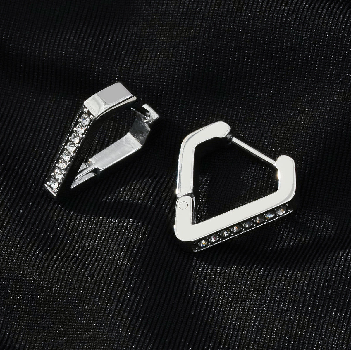 MARIETTA White Gold (Silver Toned): Triangle Shaped Mini Hoop Earrings with Pavé Zirconia