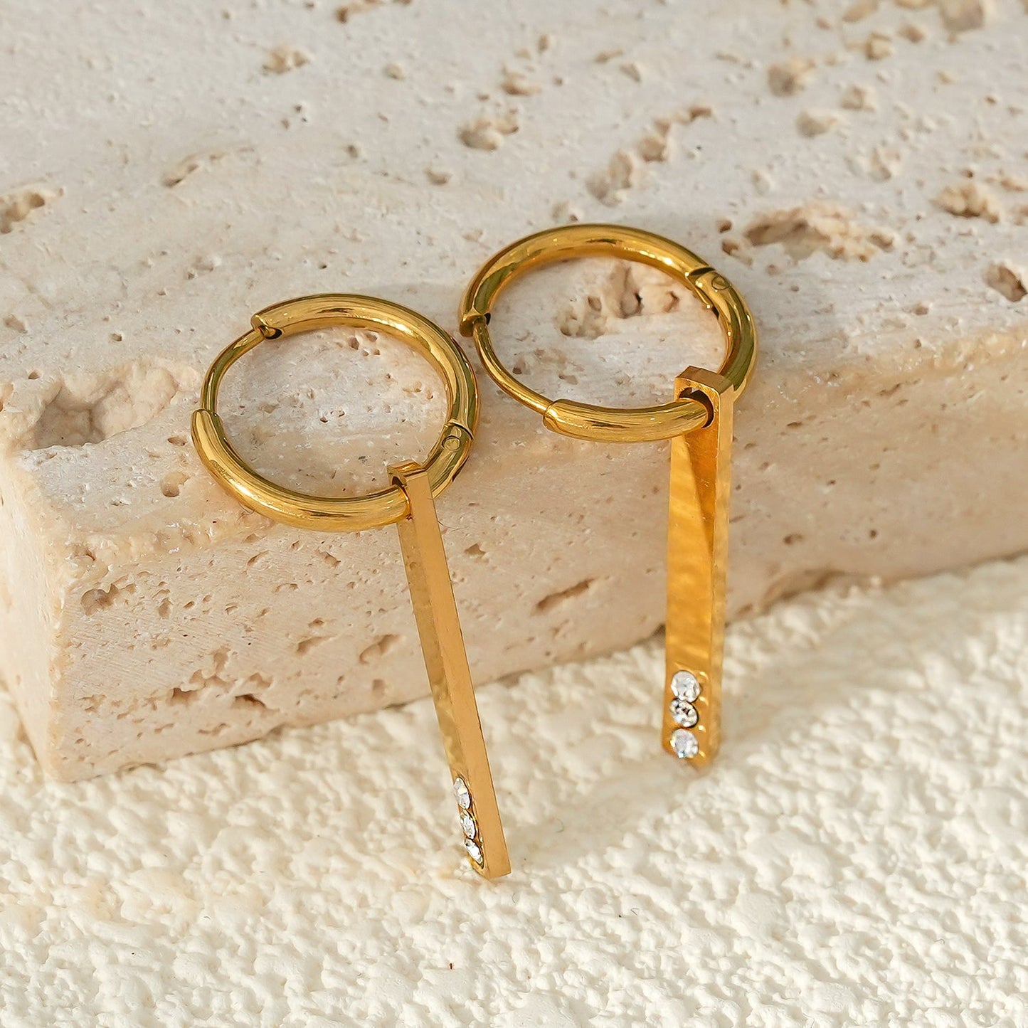 Style MAYLA: Hoop with a Minimalist Matchstick Rectangular Charm featuring a Trio of Zirconia Gemstones