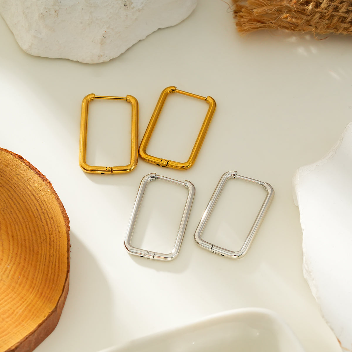 MAZUNTA Silver (White Gold): Rentangle Shaped Hoops - A Bold Twist on Classic Elegance
