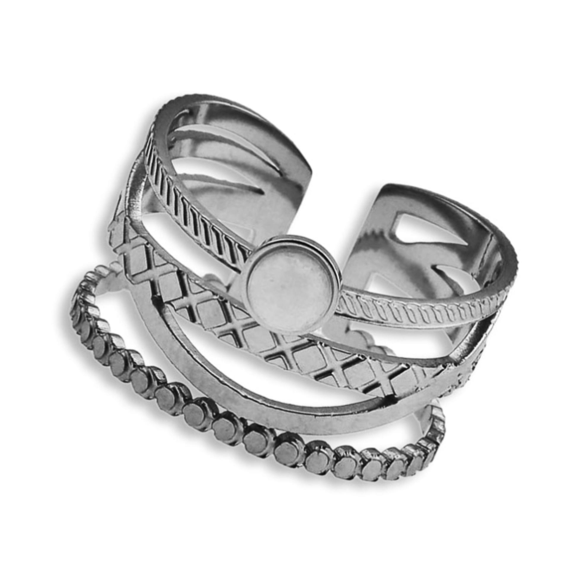 NADIA Silver (White Gold): Multi Stacked Ring with a Stone Centre Piece