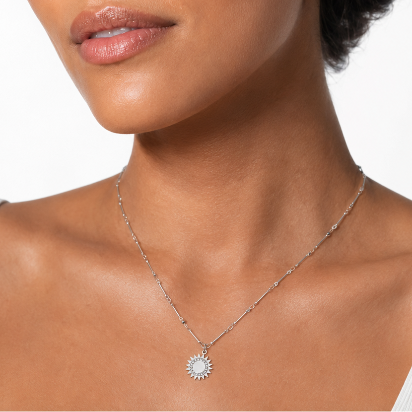 NOMIA White Gold (Silver Toned): Radiant Sunburst Pendant Zirconia Chain Necklace