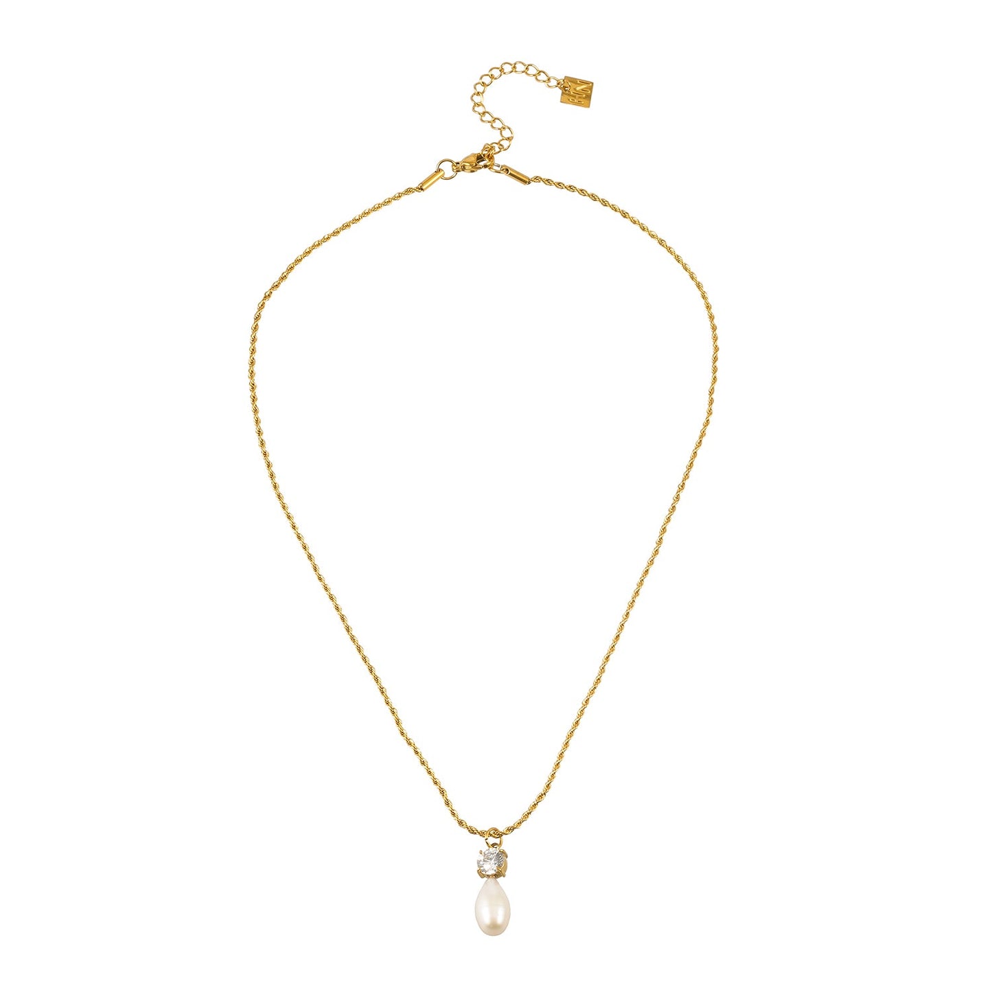 ORSOLIA Gold: Vintage Rope Chain Necklace with Freshwater Pearl & Solitaire Zirconia Charm