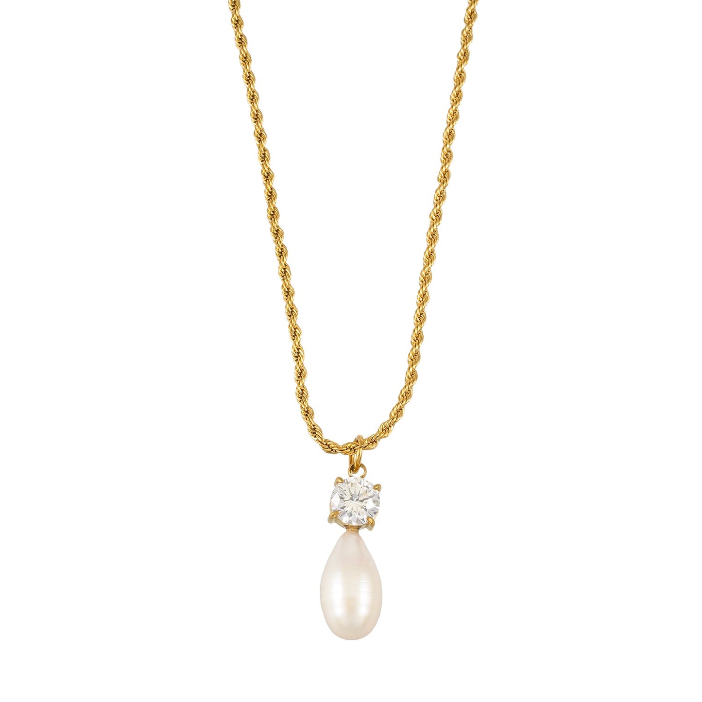ORSOLIA Gold: Vintage Rope Chain Necklace with Freshwater Pearl & Solitaire Zirconia Charm