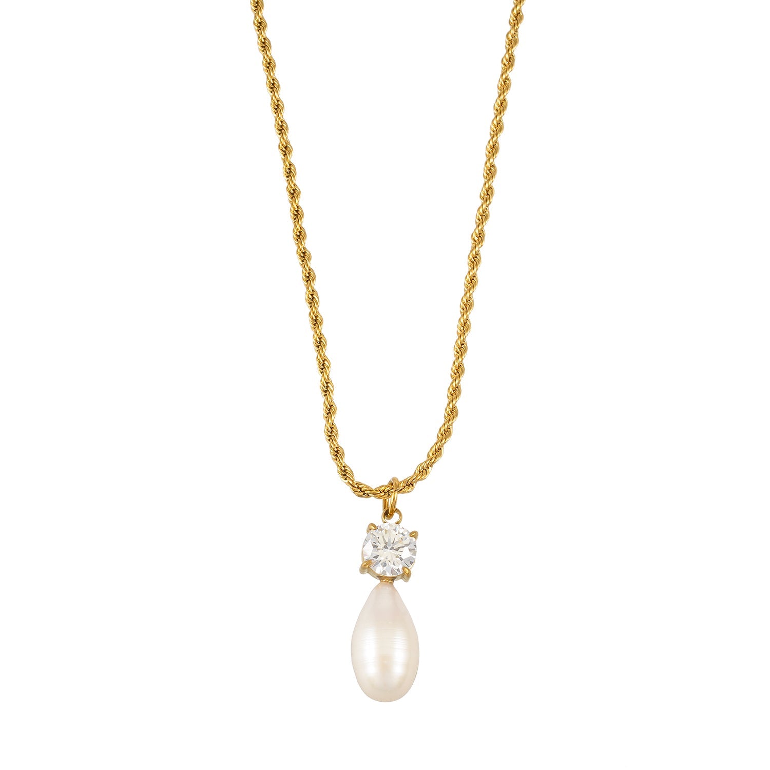 ORSOLIA Gold: Vintage Rope Chain Necklace with Freshwater Pearl & Solitaire Zirconia Charm