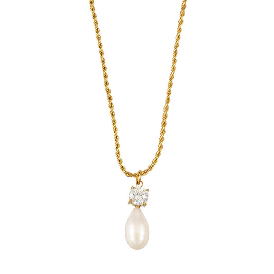 ORSOLIA Gold: Vintage Rope Chain Necklace with Freshwater Pearl & Solitaire Zirconia Charm
