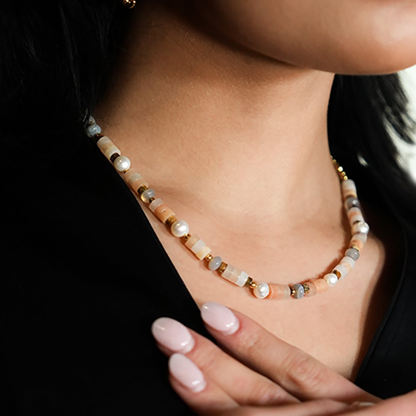OSTIA: Chalcedony Stones, Fresh Water Pearls & Gold Ball-Beaded Necklace.