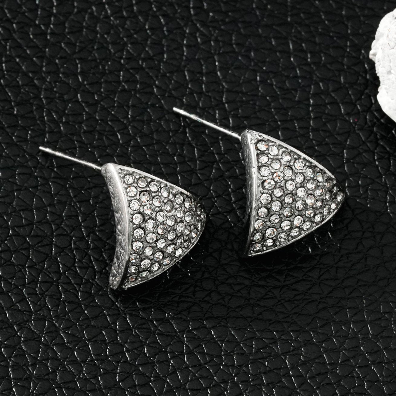 OTARU White Gold (Silver Toned): Pavé Zirconia (CZ) Triangle Shaped Stud Earrings.