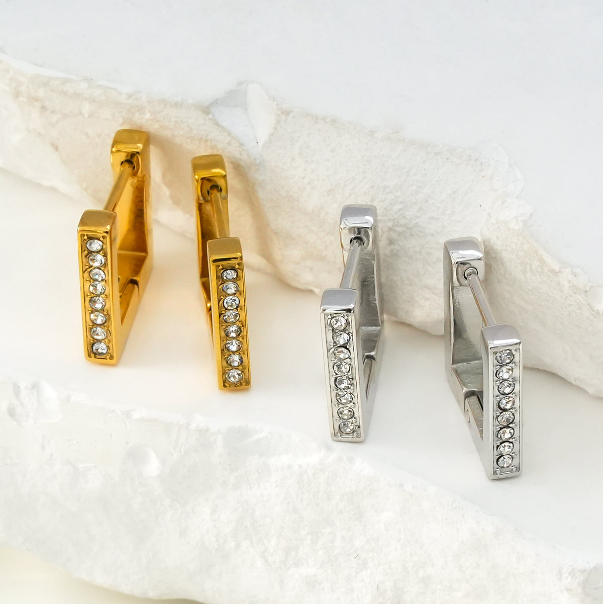 PAIA White Gold (Silver Toned): Tiny Squared Shape Hoop Earrings Embedded with Zirconia Gemstones