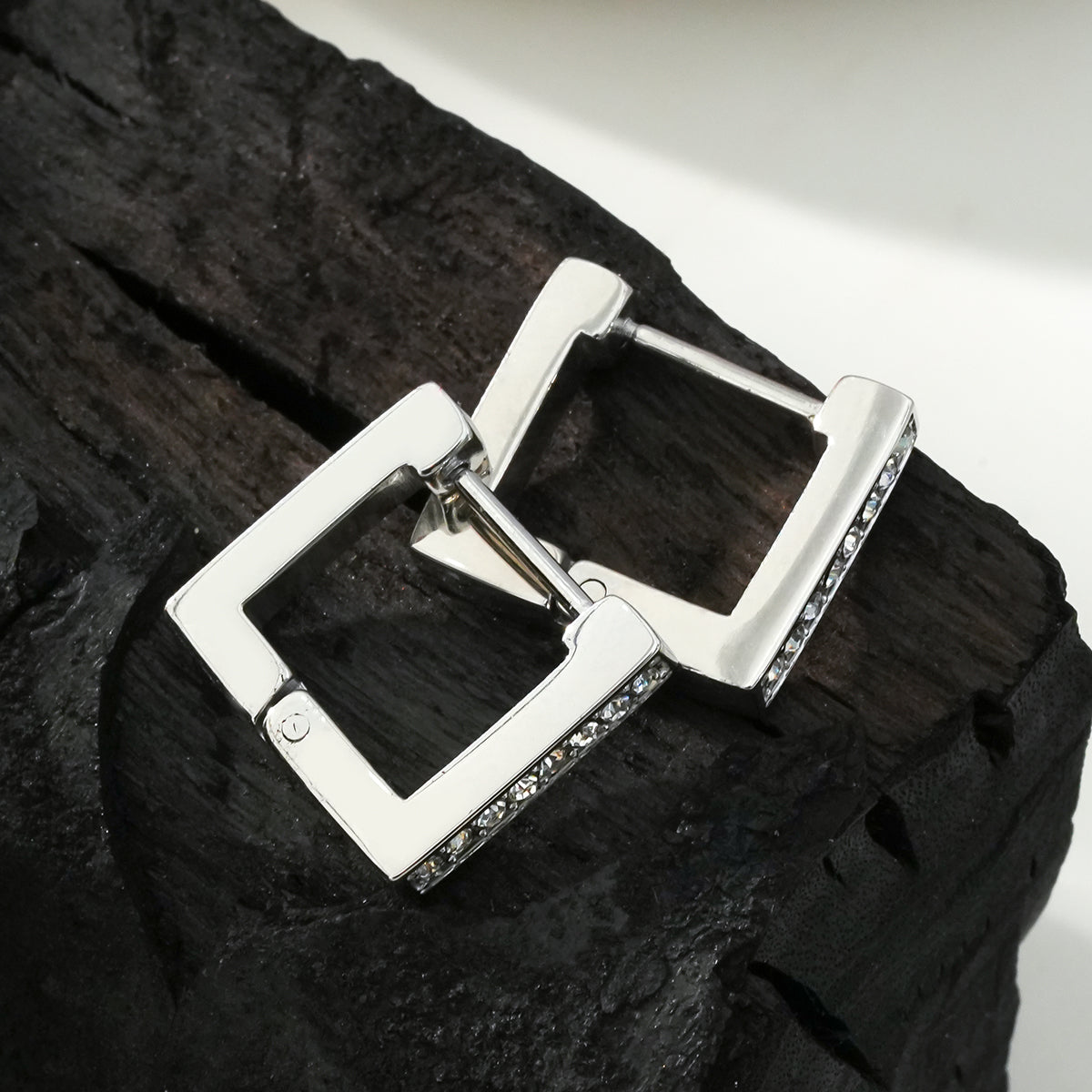 PAIA White Gold (Silver Toned): Tiny Squared Shape Hoop Earrings Embedded with Zirconia Gemstones