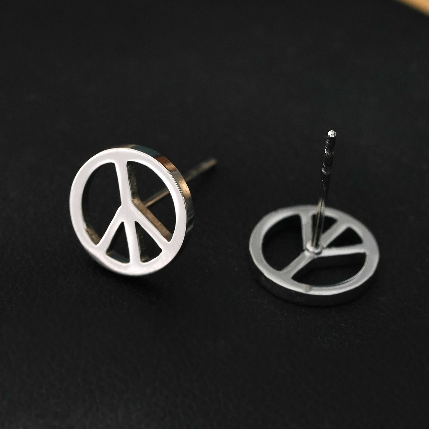 PEACE Logo Stud Earrings in Silver Tone (White Gold)