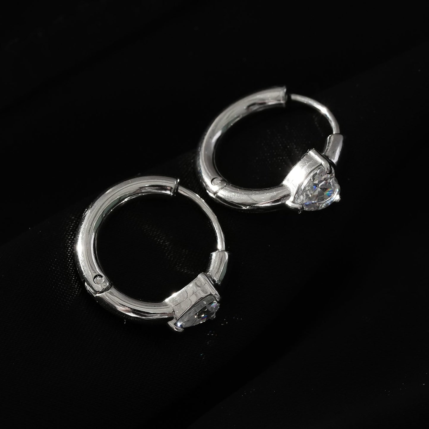 Style PELLE White Gold (Silver Toned) : Mini Hoop Gold Earrings with Heart Shaped Moissanite