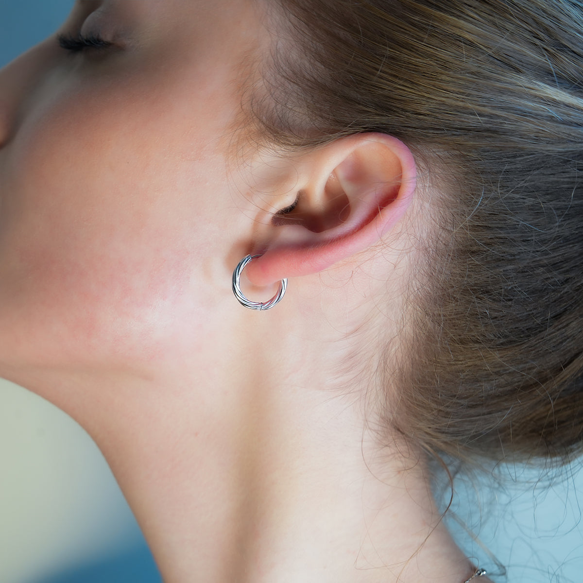 PURLEY: White Gold (Silver Toned) Textured Mini Hoop Earrings