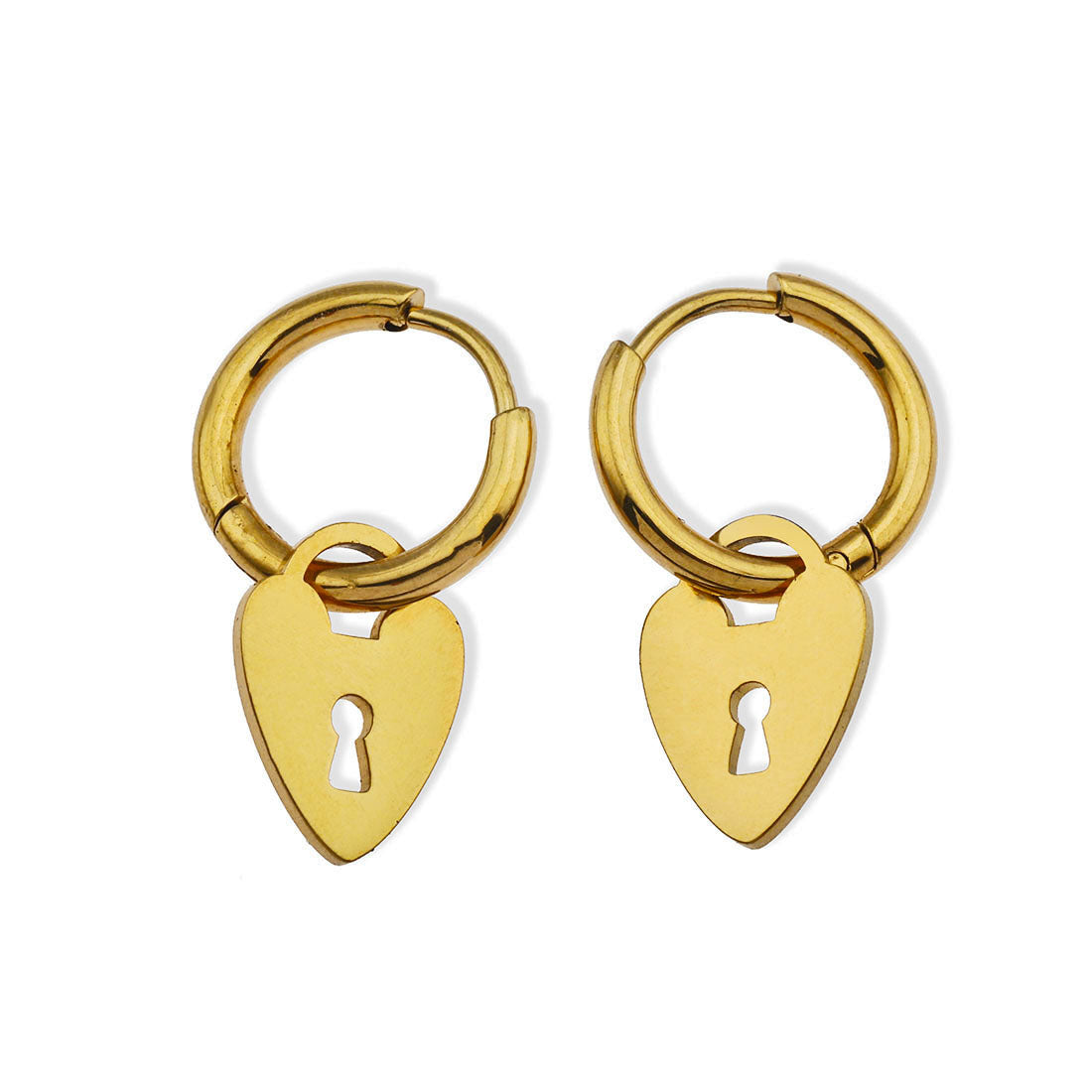 PYAR Gold: Mini Hoop Earrings Anchoring a Heart Shaped Keylock Charm