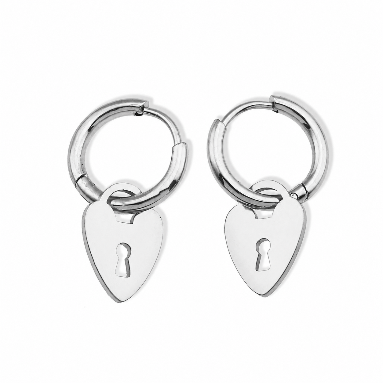PYAR Silver (White Gold): Mini Hoop Earrings Anchoring a Heart Shaped Keylock Charm