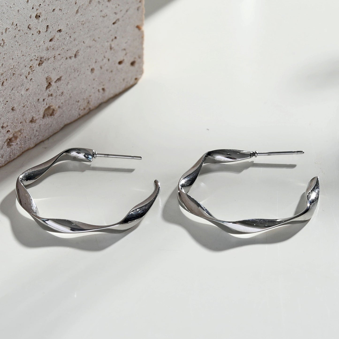 RIMINI Silver (White Gold): Sculpted Twist Hoop Earrings