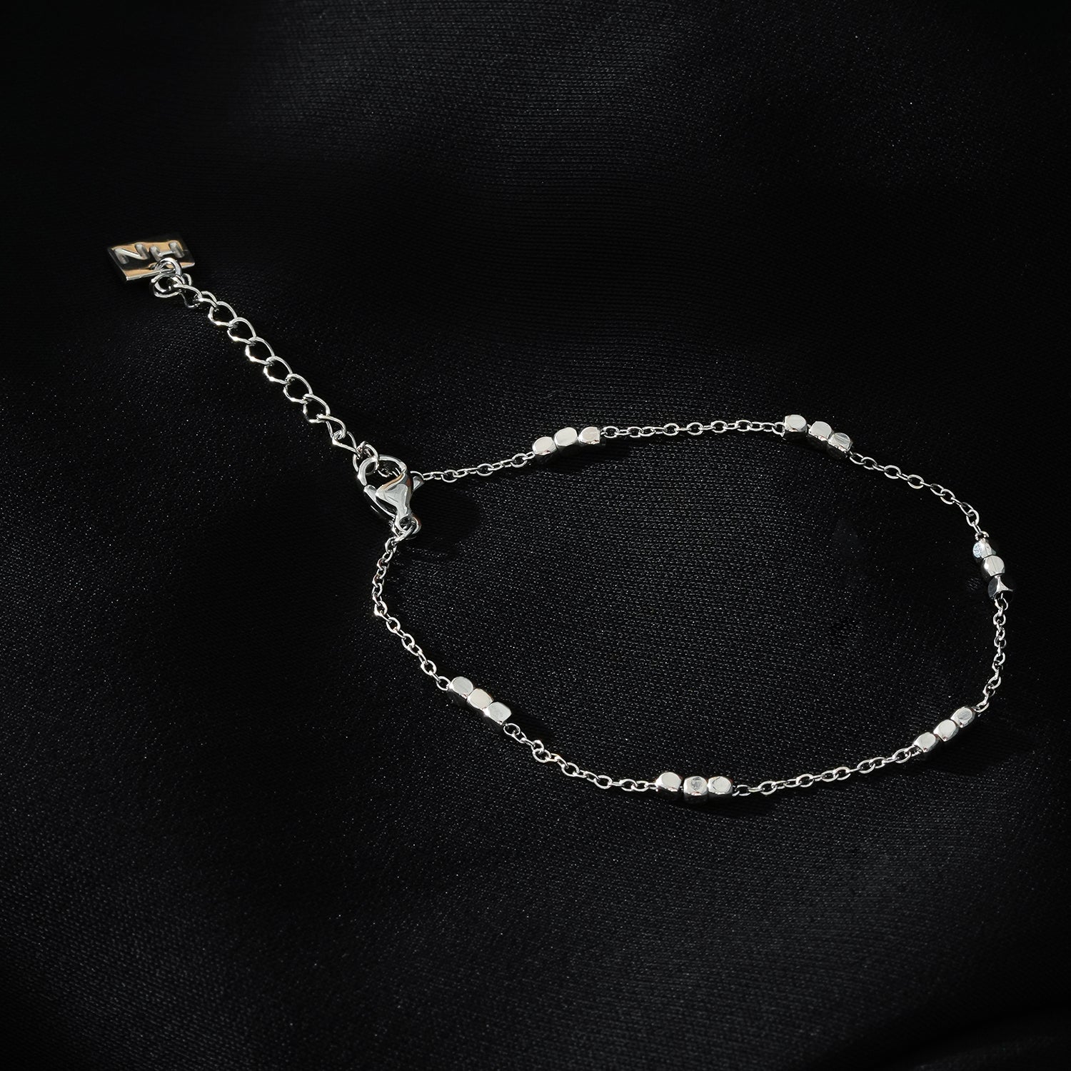 RITIKA: Tiny Square-Beads Dainty Chain Bracelet in White Gold (Silver Toned)