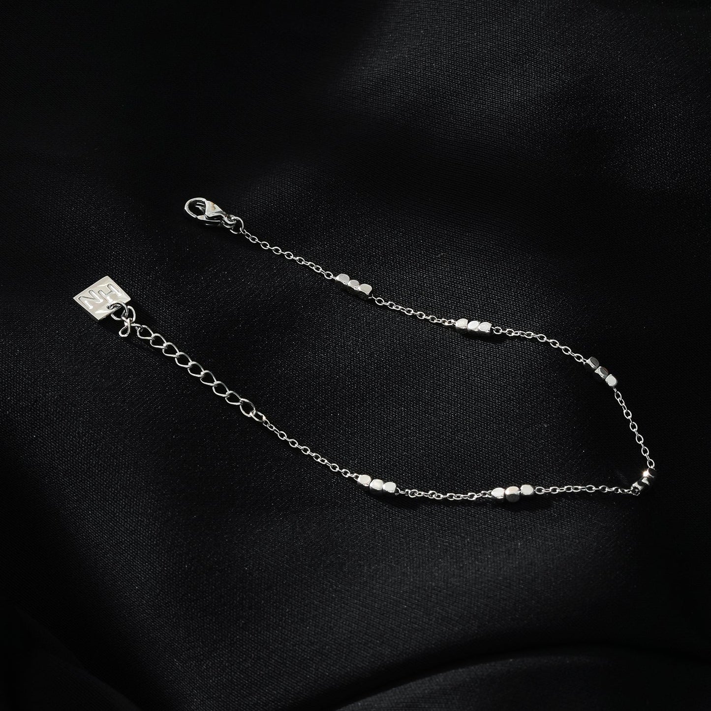 RITIKA: Tiny Square-Beads Dainty Chain Bracelet in White Gold (Silver Toned)