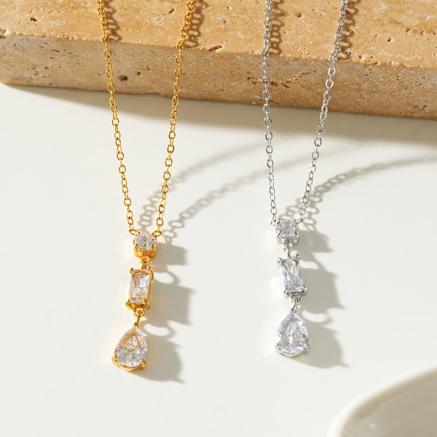 Style ROCHINA Gold & Silver:  A Trio of Zirconia Charm Pendant Chain Necklace