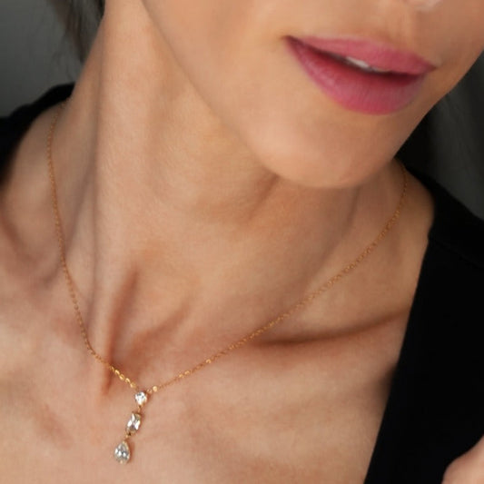 Style ROCHINA Gold:  A Trio of Zirconia Charms Pendant Chain Necklace