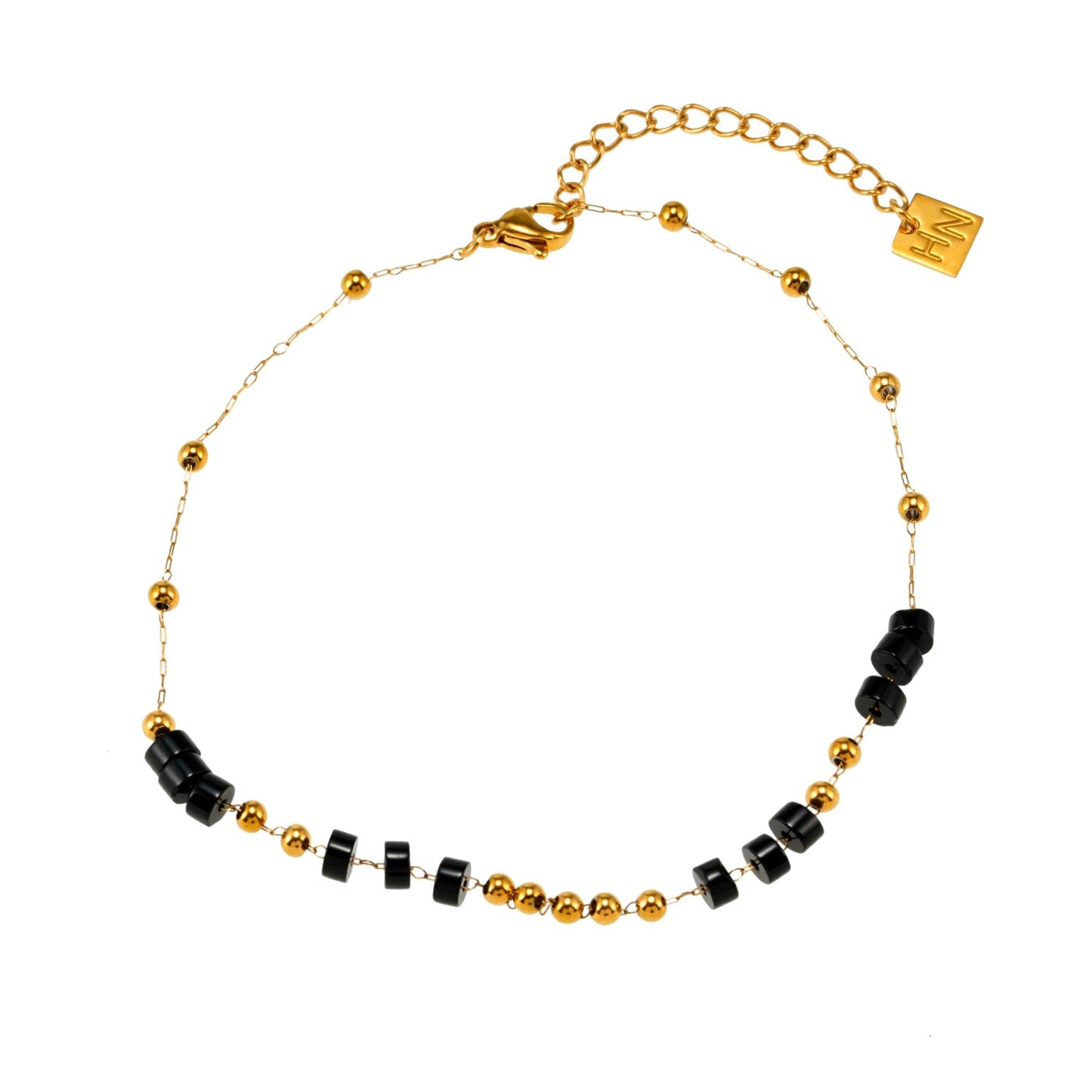 ROSARIO LG: Black Onyx and Gold Beaded Chain Anklet