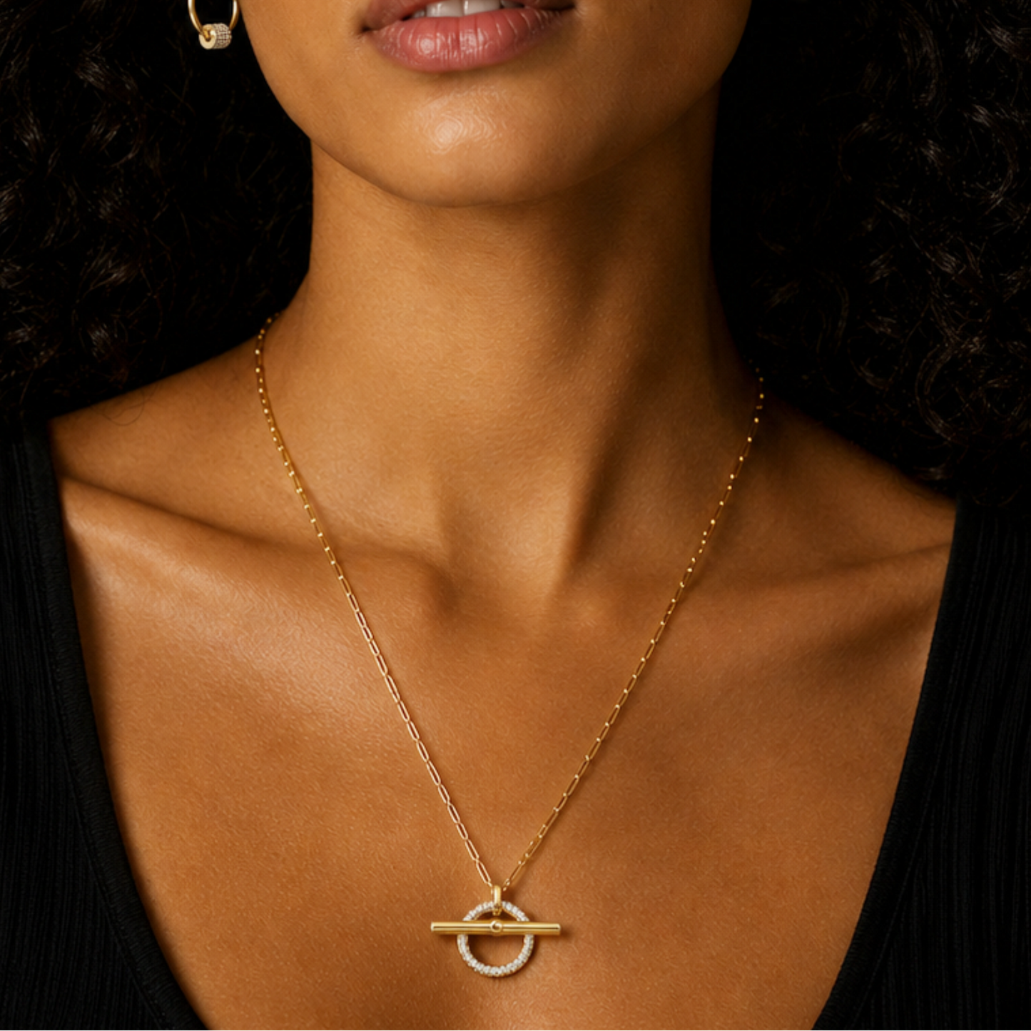 SADIKA Gold: Modern Pavé Zirconia Halo Toggle Necklace