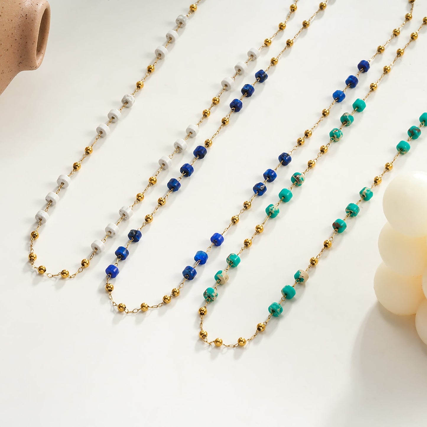 SANTA CRUZ Blue: Gold & Natural Stone Beaded Chain Necklace