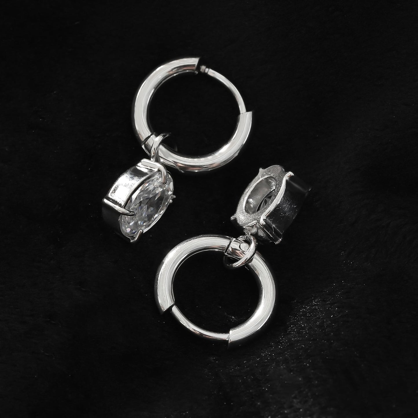 Mini Hoop Earrings Anchoring an Encased Zirconia (CZ) Charm - Style SEDONA in Silver Toned White Gold