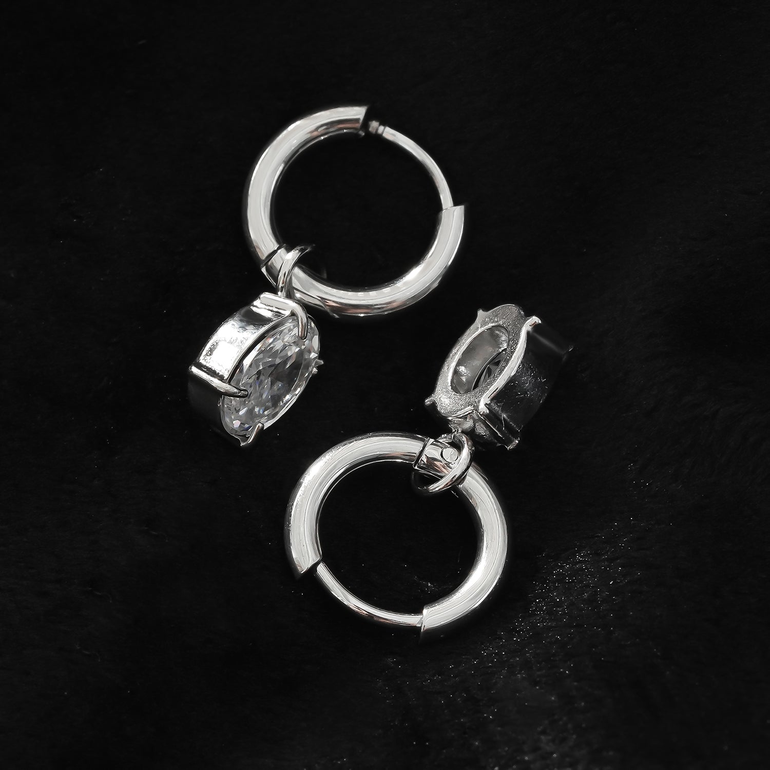 Mini Hoop Earrings Anchoring an Encased Zirconia (CZ) Charm - Style SEDONA in Silver Toned White Gold